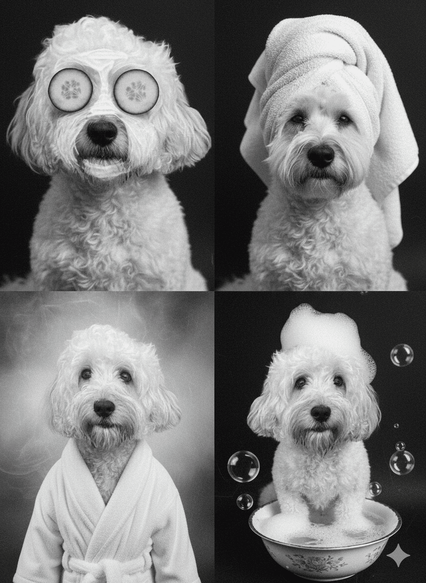 Beispiel-Kunstwerk: Hund im Spa, Schwarz-Weiss